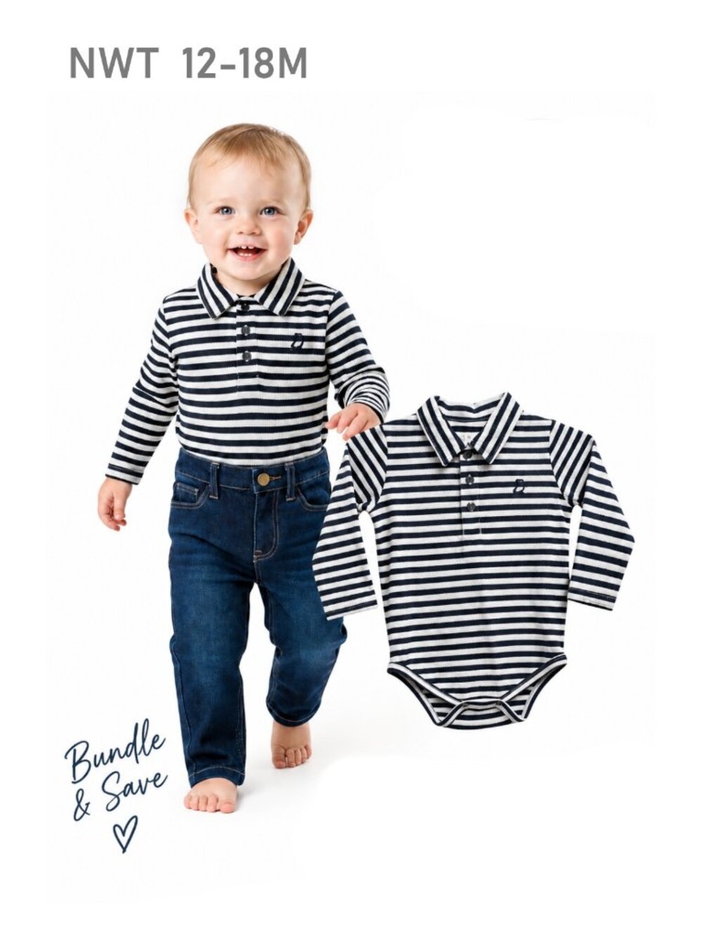 ME & HENRY Collared Long Sleeve Bodysuit Navy & White stripe - Size 12/18m
